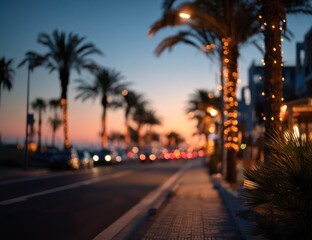 Obraz premium Blurred sunset scene of a coastal road lined with palm trees.