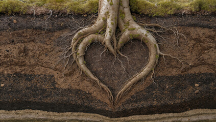 Fototapeta premium Tree roots majestically form a perfect heart shape within the earth, revealing nature's deep connection, love, and intricate layered soil structure.