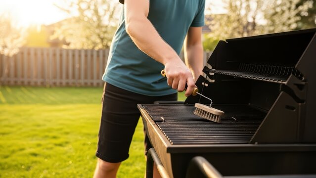 Adult caucasian male cleaning backyard grill with brush on a sunny day