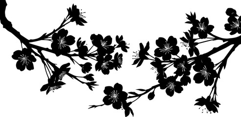 Elegant black silhouette of blooming cherry blossom branches conveying springtime beauty and delicate natural artistry, perfect for design elements.