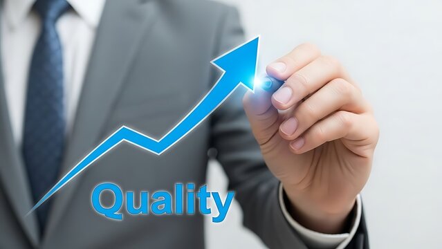 Businessman Draws Blue Quality Arrow Upward on Transparent Surface