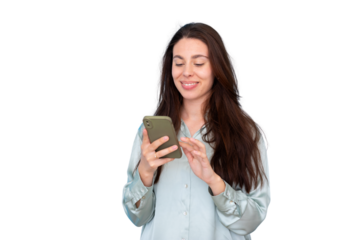 Young caucasian woman happily interacting with a mobile phone, browsing applications, messaging, or connecting online. Transparent background