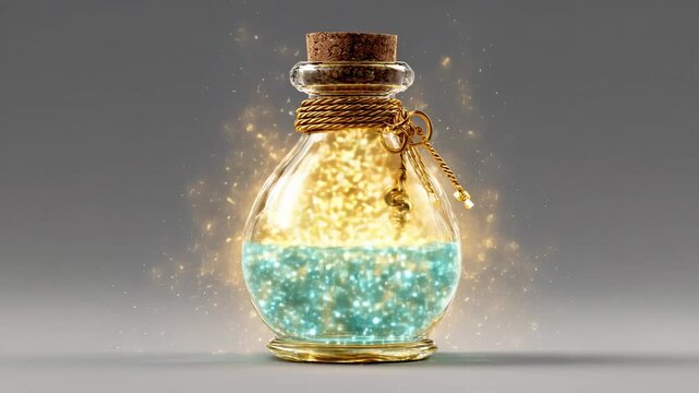 Glowing magical potion bottle with sparkling golden and blue liquid on gray background fantasy concept