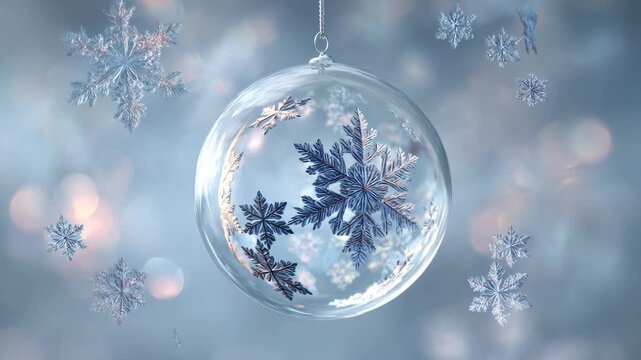 Elegant glass Christmas ornament with intricate snowflakes on soft bokeh background in winter palette