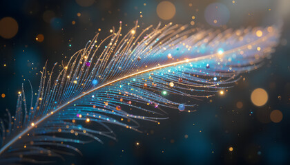 A Magiccal Feather With Gold and Blue Color Flying in Air, Selective Focus with Dramatic Lighting