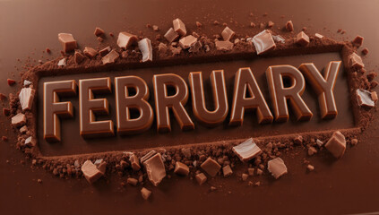 Glossy chocolate letters spell "FEBRUARY" embossed in a rich chocolate bar, surrounded by cocoa powder and broken chocolate pieces, creating a delicious, inviting visual.