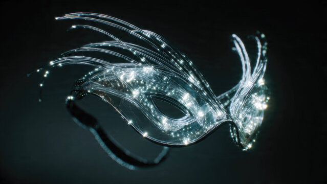 A futuristic, luminous mask crafted from intricate fiber optics, sparkling with countless tiny lights against a dark, mysterious background, symbolizing digital elegance.