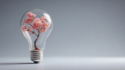 A delicate cherry blossom tree blooms inside a clear light bulb, representing blooming ideas, nature's beauty, and eco-friendly innovation.