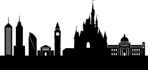 Dynamic cityscape silhouette featuring iconic modern skyscrapers, historic clock tower, and majestic fairytale castle creating a vibrant urban panorama