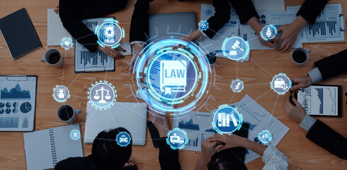 Law icons illustrate justice, court, and regulation system. Law represents fairness, law supports...