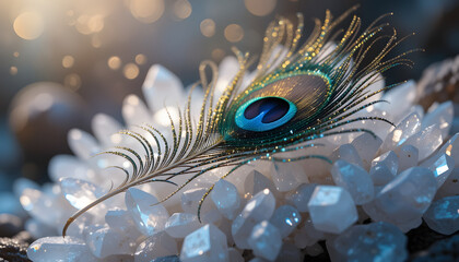 A Peacock Feather Laying on Diamonds Close Up, Selective Focus