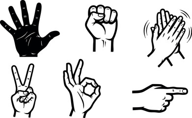Fototapeta premium Bold black and white line art collection of expressive hand gestures including open palm, fist, clapping, peace sign, okay sign, and pointing finger, minimalist vector style