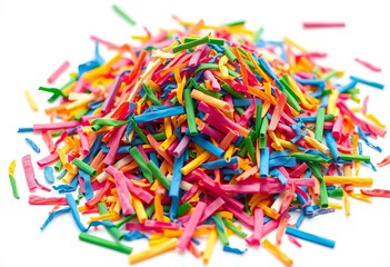 Pile of colorful pencil shavings on white background,  close up,  supplies