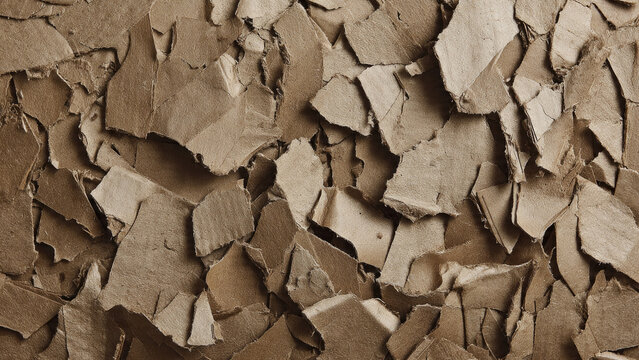 A chaotic yet textured close-up of numerous ripped and torn pieces of brown cardboard or paper, creating an abstract, recycled background.