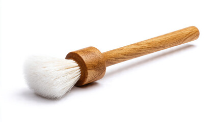 A clean, natural wooden handle brush with soft white bristles, photographed against a crisp white background. Ideal for kitchen basting, pastry, or dusting.