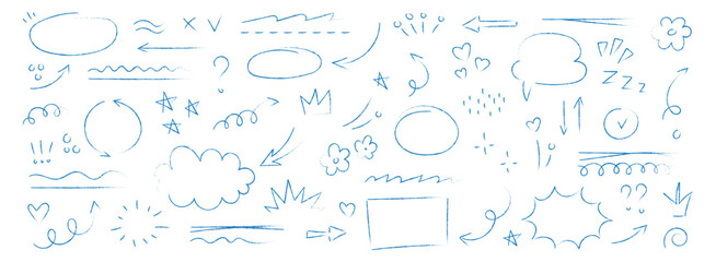 Line hand drawn arrow set. Chalk line abstract arrow with hand drawn crown, heart, cloud and underline brushstroke element in grunge sketch texture. Crayon scribble brush stroke vector illustration