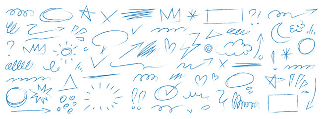 Doodle arrows, lines, shapes icon vector. Black hand drawn chalk marker stripes, highlighters and underlines. arrows, wavy lines, straight lines, circles, squares symbol. vector illustration. 