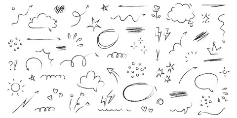 Hand drawn line chalk brush stroke arrow icon set. Chalk crayon underline, check mark, scribble and texture in rough hand sketch style. Drawn heart, frame, star design shapes. Vector illustration