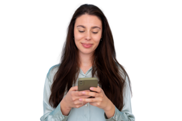 Young woman smiling, scrolling on smartphone, connecting with social media, texting message, transparent background