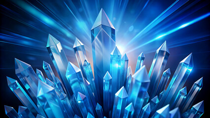Abstract blue crystal formation glowing light rays representing growth and energy
