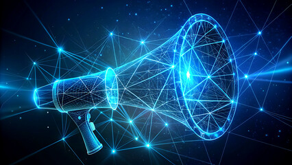 Glowing digital megaphone connected by a network of lines and dots representing digital marketing and communication