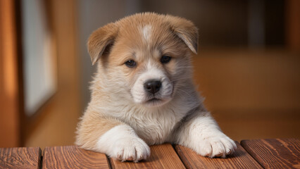 Cucciolo di cane che si &egrave; appoggiato al tavolo