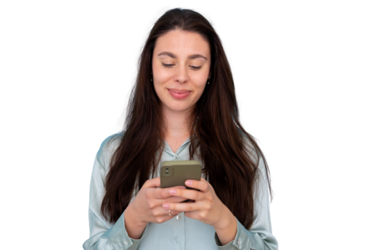 Young woman smiling, scrolling on smartphone, connecting with social media, texting message, transparent background