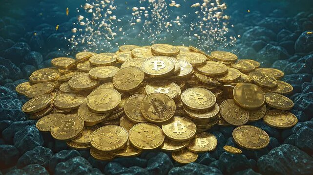Bitcoin coins piled like a hidden treasure on a rocky seabed, symbolizing digital wealth, investment potential and the promise of fortune in blockchain and decentralized finance
