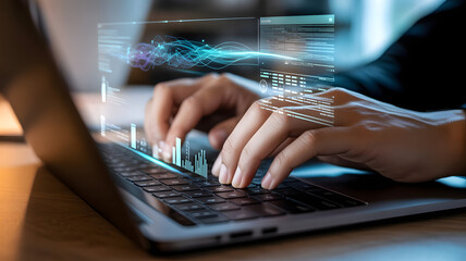Hands typing on a laptop with virtual data interface