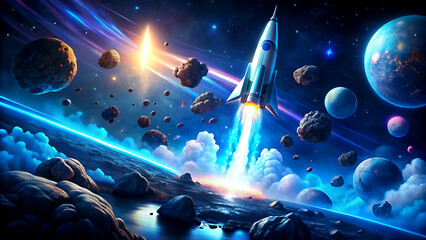 Rocket launching into space vibrant cosmic illustration with planets and stars concept for exploration and future technology