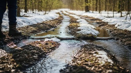 Melting snow in forest creates muddy pathway with water stream