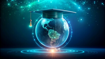 Graduation cap on a glowing world globe representing global education and international learning with a futuristic and technological feel