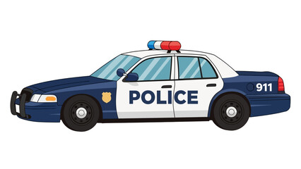 Animated police car blue  white with POLICE printed on the side and 911 on the trunk