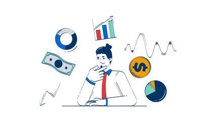Businessman analyzing financial data and trends doodle animation. Investment planning. Economic forecast. Market research animated 2D flat cartoon concept, white background. 4K video motion graphic - Powered by Adobe