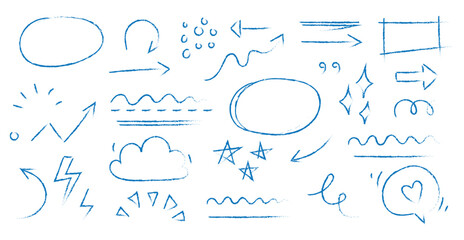 Line chalk arrow, frame, underline sketch elements on blackboard. Hand drawn crayon pencil, texture brush stroke scribble doodle chalkboard elements . Marker arrow, sketch square. Vector illustration 