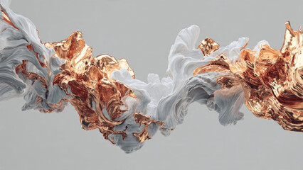 Abstract composition of flowing, ethereal white fabric interwoven with shimmering, molten gold and bronze forms, creating a dynamic, luxurious visual contrast.