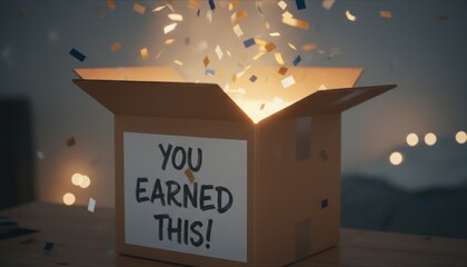 A celebratory box emits confetti and light, conveying a message of achievement and recognition with the phrase "You Earned This