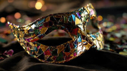 A shimmering mosaic mask, adorned with colorful reflective fragments, rests elegantly on a dark fabric, surrounded by soft, blurred festive lights.