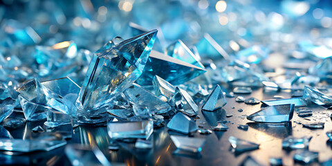 Broken glass pieces sharp shards reflecting light concept for fragility and vulnerability