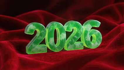 Green, translucent 2026 numbers with a marbled texture resting on a luxurious, draped red velvet background.
