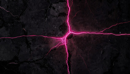 A network of glowing pink energy radiates through deep cracks on a dark, rugged surface. This abstract image shows vibrant, electrifying fissures.