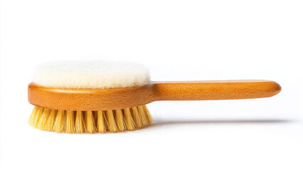 Versatile double-sided wooden brush with soft white bristles and coarser yellow bristles, suitable for gentle and invigorating skincare routines.