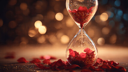 An elegant hourglass beautifully filled with falling red rose petals and sparkling glitter, creating a romantic and enchanting scene amidst warm, soft bokeh.