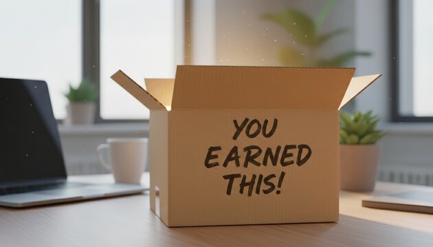 A cardboard box with the message "YOU EARNED THIS!" sits on a desk, surrounded by plants and a laptop, suggesting a reward or accomplishment.