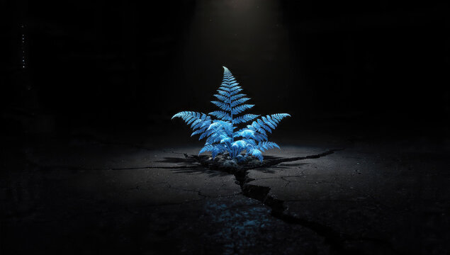 A vibrant blue glowing fern emerges resiliently from cracked, desolate ground under a single beam of light, symbolizing hope.