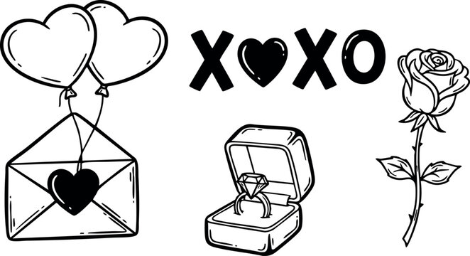 Bold line art valentines day vector set with heart balloons, love letter envelope, xo lettering, diamond engagement ring box, and single rose illustration in minimal black outline style