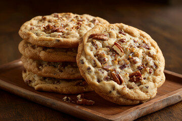 Stacked pecan chocolate chip cookies on wooden tray
