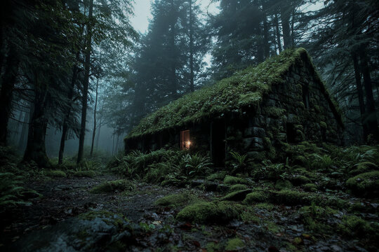 Moss covered stone cabin in dark mysterious forest