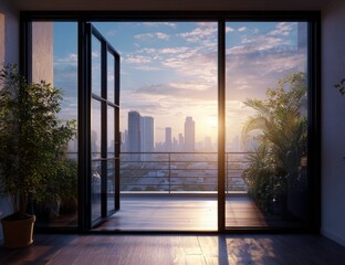 Obraz premium Cityscape View from Balcony at Sunset with Open Door.