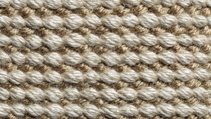 Close-up of woven textile, alternating rows of plush, off-white textured loops and flat, earthy beige natural fibers, forming a distinct pattern.